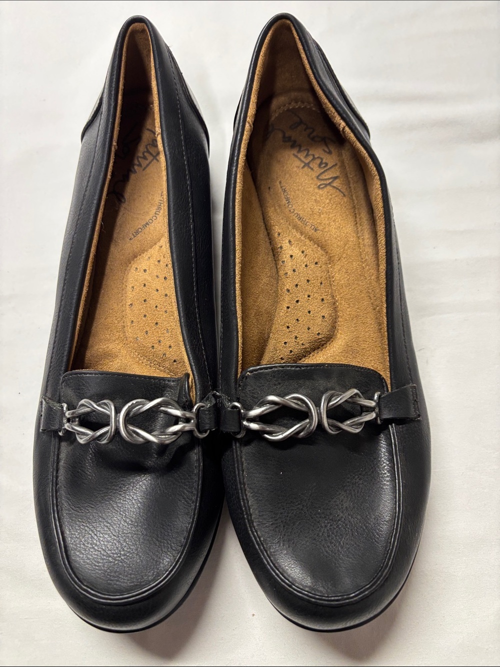 Natural Soul Black Slip-On Loafers with Silver Chain Accent